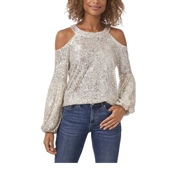 CeCe Women's Cold Shoulder Long Sleeve Sequin Blouse Champagne XL NWT - Picture 1 of 11